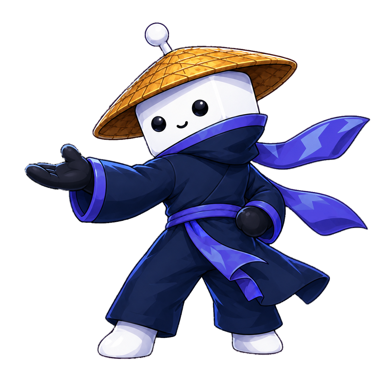 Boostly robot mascot presenting with a purple scarf and straw hat